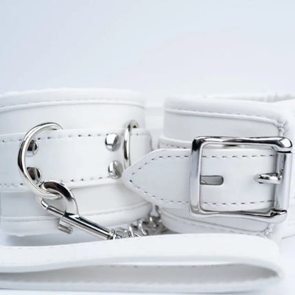 White Bondage Kit Leather Restraints Set Handcuffs Ankle Cuffs Collar and Leash Sexy Lingere Fetish Harness Woman Accessories
