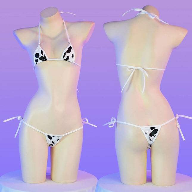Cute Milk Cow Printing Patent Leather Bikini Set Cow Cosplay Costume Women Sexy Bandage Swimsuit Lolita Underwear Bra Panty Suit