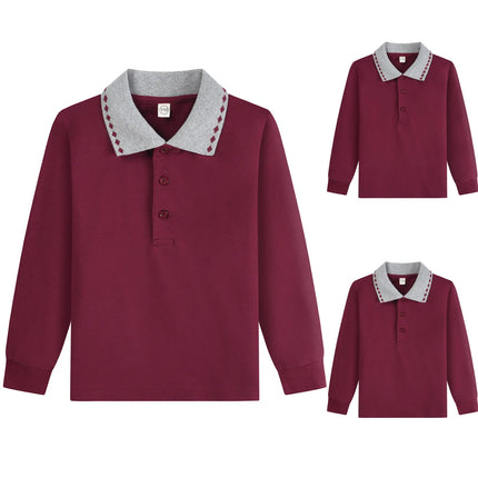 Korean Children'S Polo Shirts Spring/Autumn Casual Vintage Contrast Colour Long Sleeved Shirt Lapel Buttoned School Uniforms
