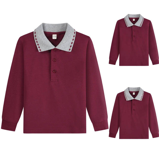 Korean Children'S Polo Shirts Spring/Autumn Casual Vintage Contrast Colour Long Sleeved Shirt Lapel Buttoned School Uniforms