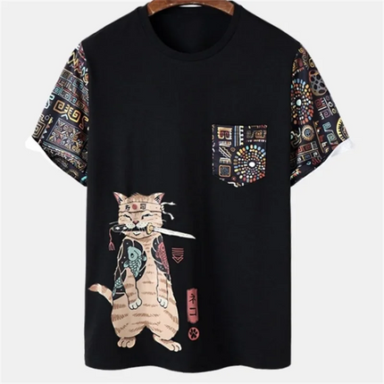 Japanese Samurai Cat Print T Shirt For Men Casual Simplicity O-neck Short Sleeve Fashion Trend Harajuku Streetwear Oversized Top