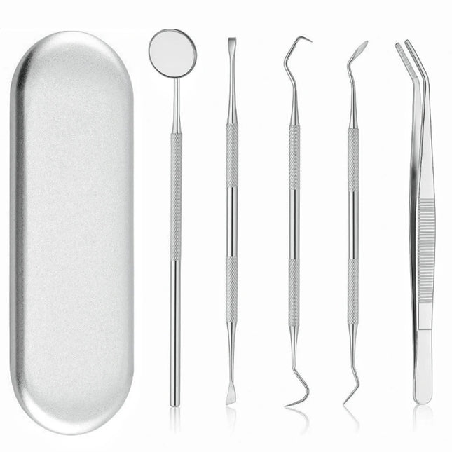 Dental Stainless Steel Cleaning Kit with Storage Box Dental Mirror Explorer Tweezer Probe Hoe Sickle Scaler Dentist Accessories