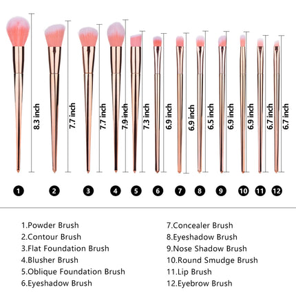 12-Piece Rose-Gold Makeup Brush Set, Professional Blush/Eye Shadow/Highlighter Brushes - Detail Eyebrow & Face Beauty Tools
