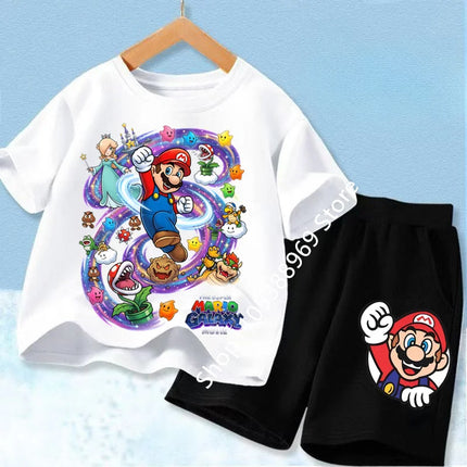 High Quality Kids 2Pcs Set Marios Cartoon Short Sleeve T-Shirt + Elastic Waist Shorts Comfortable Summer Children Clothing Suits