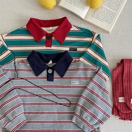 New 2026 New Spring Baby Boys Striped Polo Shirts Long Sleeve Tops Korean Style Toddlers Kids Casual T-shirts