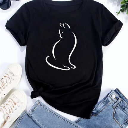Pure Cotton Breathable Children's T-shirt 2026 Fun Cat Cartoon Print Fashionable Parent-child Outfit Men's and Women's Top