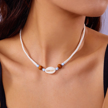 Bohemian Mixed Color Rice Beads Necklace for Women Sea Shell Conch Starfish Pendant Beaded Clavicle Choker Beach Party Jewelry