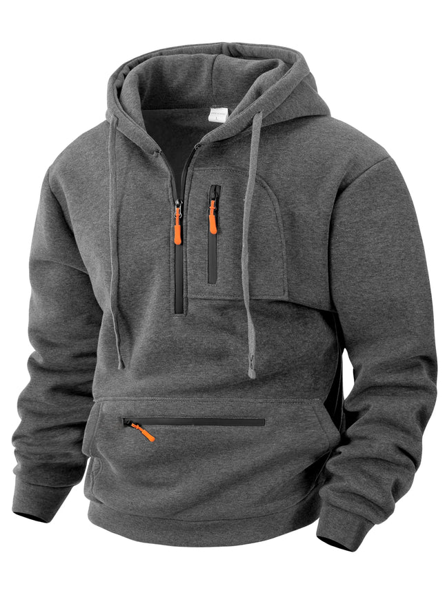 Men's hooded sport casual sweatshirt with industrial style loose fleece pullover trendy brand multi-pocket men's shirt
