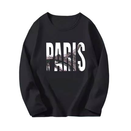 Fashion Paris Eiffel Tower Print T-Shirt Girls Long Sleeve Letter T-shirt Kids Cotton Clothing