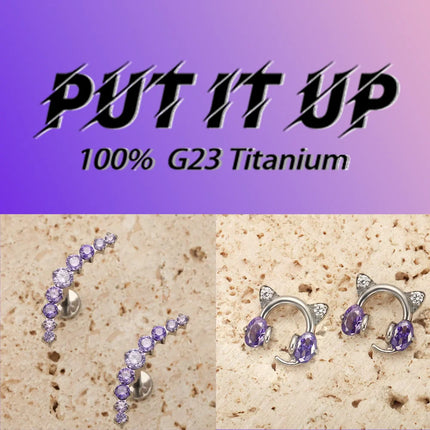 F136 Titanium Alloy Fashion Purple Zirconia Stud Earring Set with Cartilage Piercing Lip Stud and Ear Lobe Body Piercing Jewelry