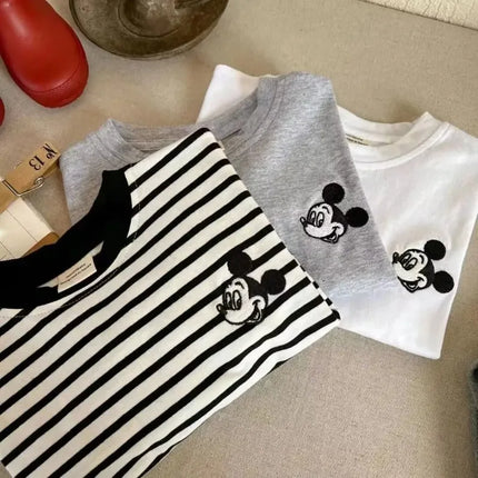 Baby Boys Girls Clothes 2025 Spring Children Cartoon Mickey Mouse Striped Raglan Sleeve Long Sleeve T-shirt Kid Fashion Clothing