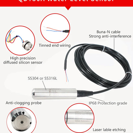 1m 2m 5m 10m 15m Hydrostatic Liquid Level Sensor 4-20mA 0-10V oil fuel water Transmitter RS485 tank well Transducer