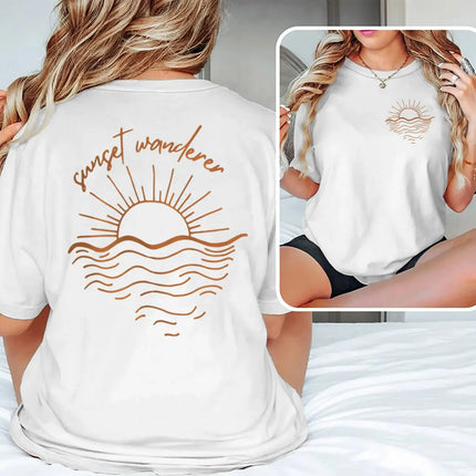 Beach Sunset Graphic T Shirts Women Men Beach Sunset Design Casual Tops Tees Tropical Beach Short Sleeve T-shirt