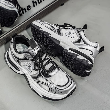 Men's Chunky Silver/White Sneakers | Retro Dad Shoes with Thick Platform Sole | Breathable Mesh Upper