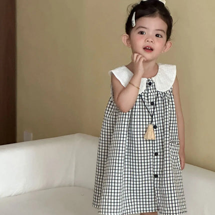 RAISE 2026 Summer Children Outfit Muslin Peter Pan Collar Kids Girls Sleeveless Dress Thin Plaid Tank Top Vest+loose Shorts Suit