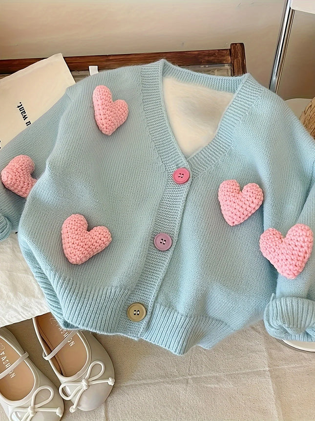 Girls' Autumn Cardigan Sweater New Style Baby Girl Heart Knit Sweater Coat Children's Stylish Top