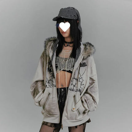 American retro fur collar rabbit ear hooded sweater jacket gray Y2K printed fleece thickened women's top autumn and winter