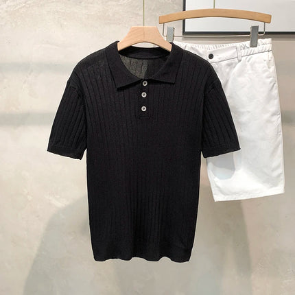 Slim Fit Knitted T-Shirt Short Sleeve Vertical Stripe T-Shirt Summer Fashionable Korean Style Lightweight Casual Top