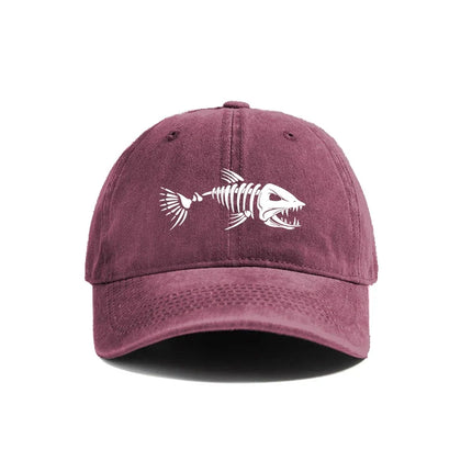 White fishbone printed baseball cap, vintage style, fashionable and versatile for both men and women