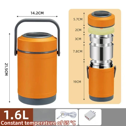 220V USB Rechargeable Heated Warm Lunch Box Stainless Steel Food Warmer Container Constant 65℃ Thermal Office Bento Lunch Box