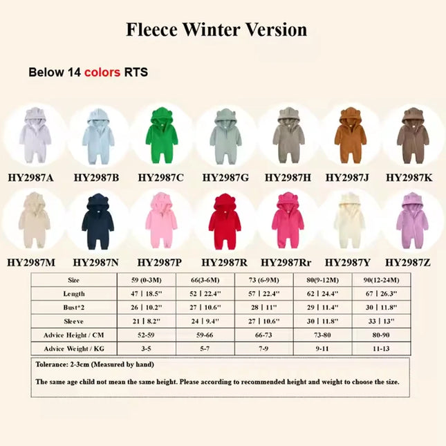 Winter Baby Boy Girl Clothing Cute Bear Ear Fleece Hooded Jumpsuit Knitted Zipper Cotton Rompers New Born Baby Clothes