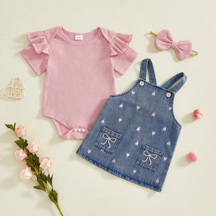 3Pcs Infant Girl Valentine s Outfit Ruffle Short Sleeve Crew Neck Romper Heart Embroidery Overall Dress and Headband Set