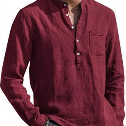 Men's Linen Long Sleeve Shirt - Stand Collar, Button-Front, Single Chest Pocket Casual Tops for Spring Summer