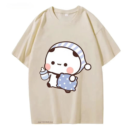 Couple T-shirt Cute BuBu Panda Going to Sleep with DuDu Bear Graphic T-shirt Women Clothes Sleeve Tops Women's Clothing