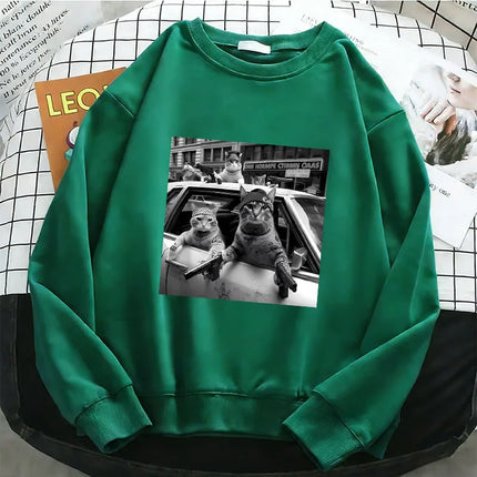 Streetwear Cat Crew Neck Hoodies Warm Fleece Sweatshirt Vintage Crew Neck Pullover Casual Female Clothes