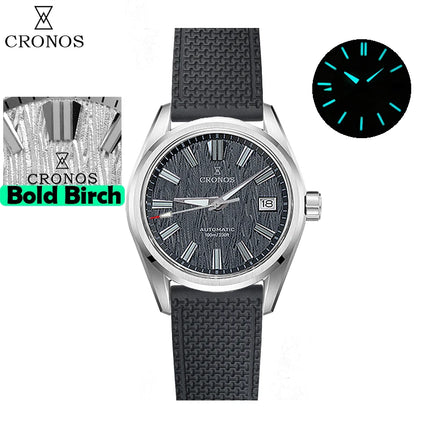 Cronos Men Watch 39mm Automatic Miyota 9015 Movement Wristwatches White Dial Birch Pattern Solid Links Sapphire 10 ATM L6040M