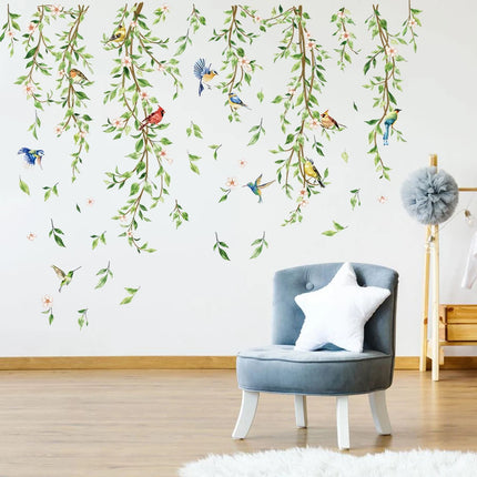 Large Hanging Green Vine Wall Stickers Bedroom Living Room Plants Leaves Birds Wall Decals Playroom Kitchen Home Decor
