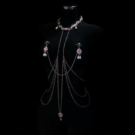 Pink Gemstone Necklace Nipple Clamps Erotic Tassel Body Chain 5 Sizes of Butt Plugs Chest Stimulation Integrated BDSM Restraint