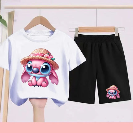 Disney Casual Children's Fashion Set T-shirt+ Shorts 2 Piece Stitch  Print  Boys Girls 3-12 Years Sports Coat Trend Party Sets