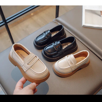 Girls Leather Shoes for Party Wedding Slip-on Simple Solid Black Kids UK Uniform School Shoes Children Loafers 2023 Four Season