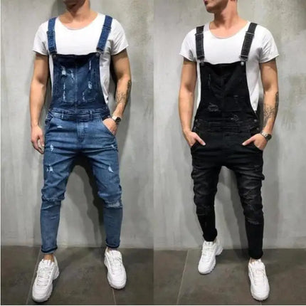 Men Jeans Overalls High Street Ripped Denim Jumpsuits Hip Hop One Piece Cargo Pants Cowboy Male Pockets Hole Suspenders 2024