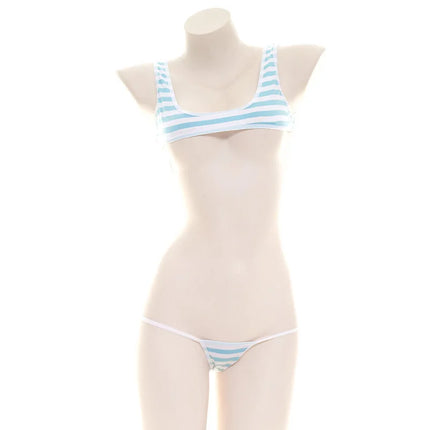 Sexy Lingerie Lolita Kawaii Blue Pink White Striped Mini Bikini Adult Cosplay Erotic Costumes Bra Women Underwear Set