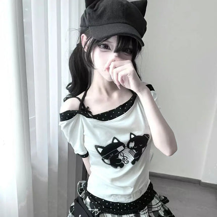 Japanese Sweet Kawaii Cartoon Polka Dot Print T-shirt Women Loose Casual Contrast Color Cute Graphic Tees Y2k Aesthetic Tops New
