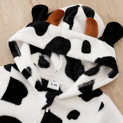Newborn BoyGirlBaby CuteCartoonCow Flannel ThreeDimensional Ear Comfortable FullPrint SimpleCasual SpringAndAutumn Baby Jumpsuit