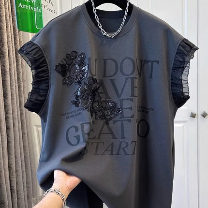 Heavy industry nail bead letter splicing mesh print fly sleeve T-shirt 2025 summer women's loose round neck fashion top