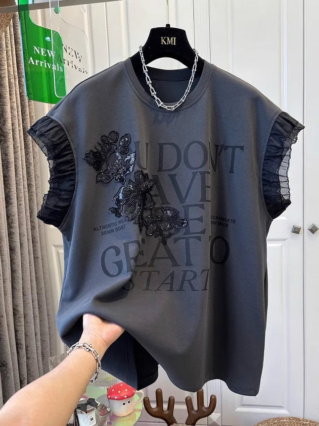Heavy industry nail bead letter splicing mesh print fly sleeve T-shirt 2025 summer women's loose round neck fashion top