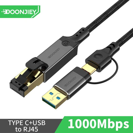 USB C to Ethernet Cable 1000Mbps 2 in 1 USB/Type-C to RJ45 Gigabit LAN High Speed Network Converter for  Laptop PC Mobile Phone