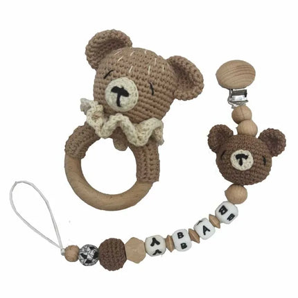 Baby Rattle Crochet Bear Teether Rattle With Bells Pacifier Chain Newborn Montessori Educational Toy Wooden Rings Baby Toys