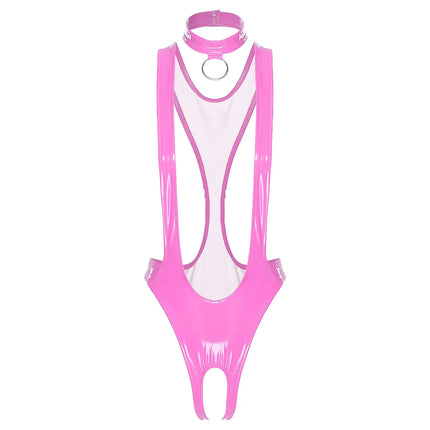 Womens Sexy Glossy Patent Leather Crotchless Bodysuit Monokini Sling Latex Catsuit Special Occasion Costume with Choker Necklace