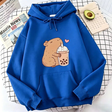 Funny Kawaii Bubble Tea Capybara Hoodie Women/Men Aesthetic Graphic Hoodies Unisex Autumn Winter Harajuku Pullovers Sweatshirts