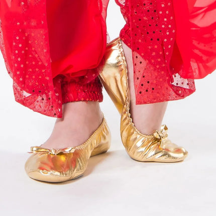 Comfortable Bowknot Belly Dancing Shoes Leather Golden Indian Dance Shoes Foldable Round Toe Foldable Ballet Flats Ladies