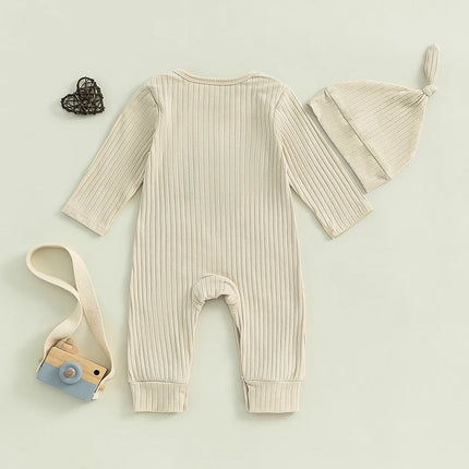 Pudcoco Infant Newborn Baby Boy Bodysuits Letter Embroidered Ribbed Long Sleeve Round Neck Fall Jumpsuits Hat Outfits 0-18M