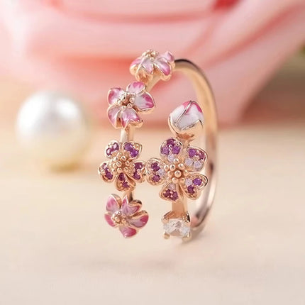 FTCY S925 Silver Rose Enamel Peach Blossom Crystal Ring For Women Simple Fine Ring Wedding Party Wholesale Jewelry
