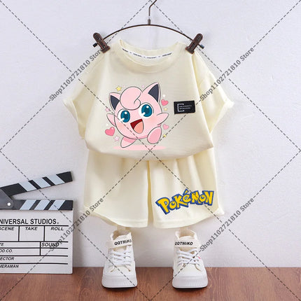 2pcs Pokemons Short-sleeved Shorts Summer Thin Waffle Clothes Suit Cartoon Anime Gengar Charmander Print Clothing Birthday Gift