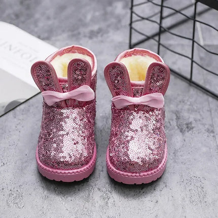 Girls Snow Boots Bunny Ear Bowtie Sequins Cute Winter Warm Ankle Boots Princess Toddler Non-slip Fashion Kids Boot Glitter Bling