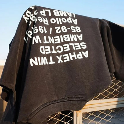 Men T-Shirt Aphex Twin Washed Black Print Cotton Graphic Oversized Korean Fashion Short Sleeve Tops Tees Y2k Streetwear Clothing